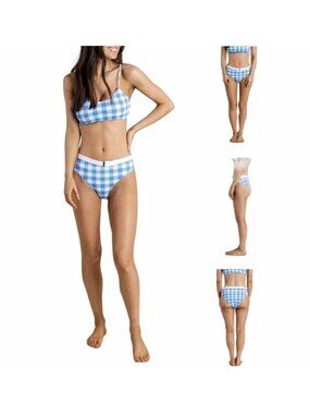 ⭐Envya Womens Blue White Checkered Bikini Set Size S High Waist Bottom Belt New⭐